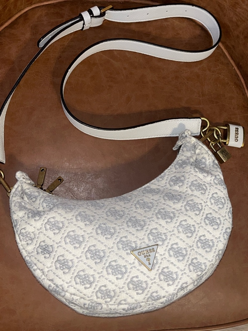 GUESS Shemara Mini Hobo Bag Cream Patterned Shoulder Bag with Gold Hardware